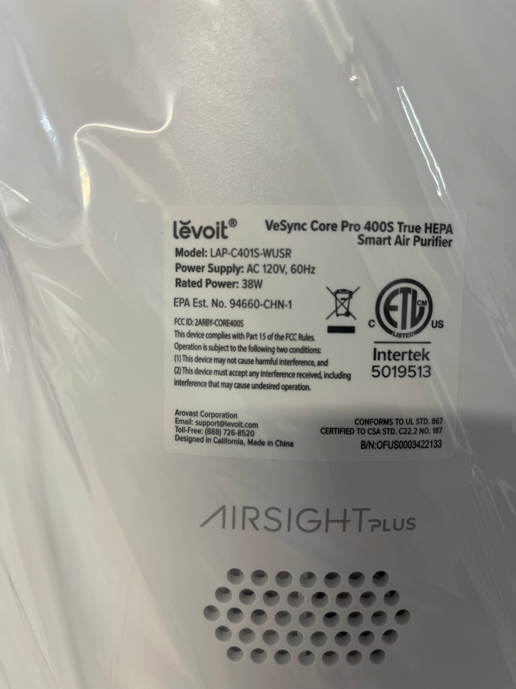 LEVOIT White PlasmaPro 400S Smart True HEPA Air Purifier