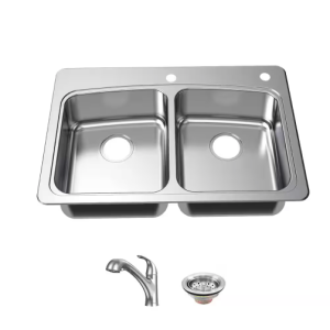 33 in. Drop-In 50/50 Double Bowl 20 Gauge Stainless Steel Kitchen Sink with Pull