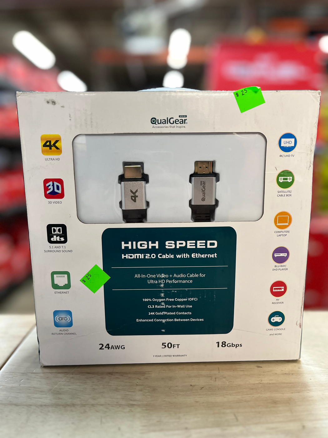 QualGear High Speed Long HDMI 2.0 Cable with Ethernet, 50 ft.