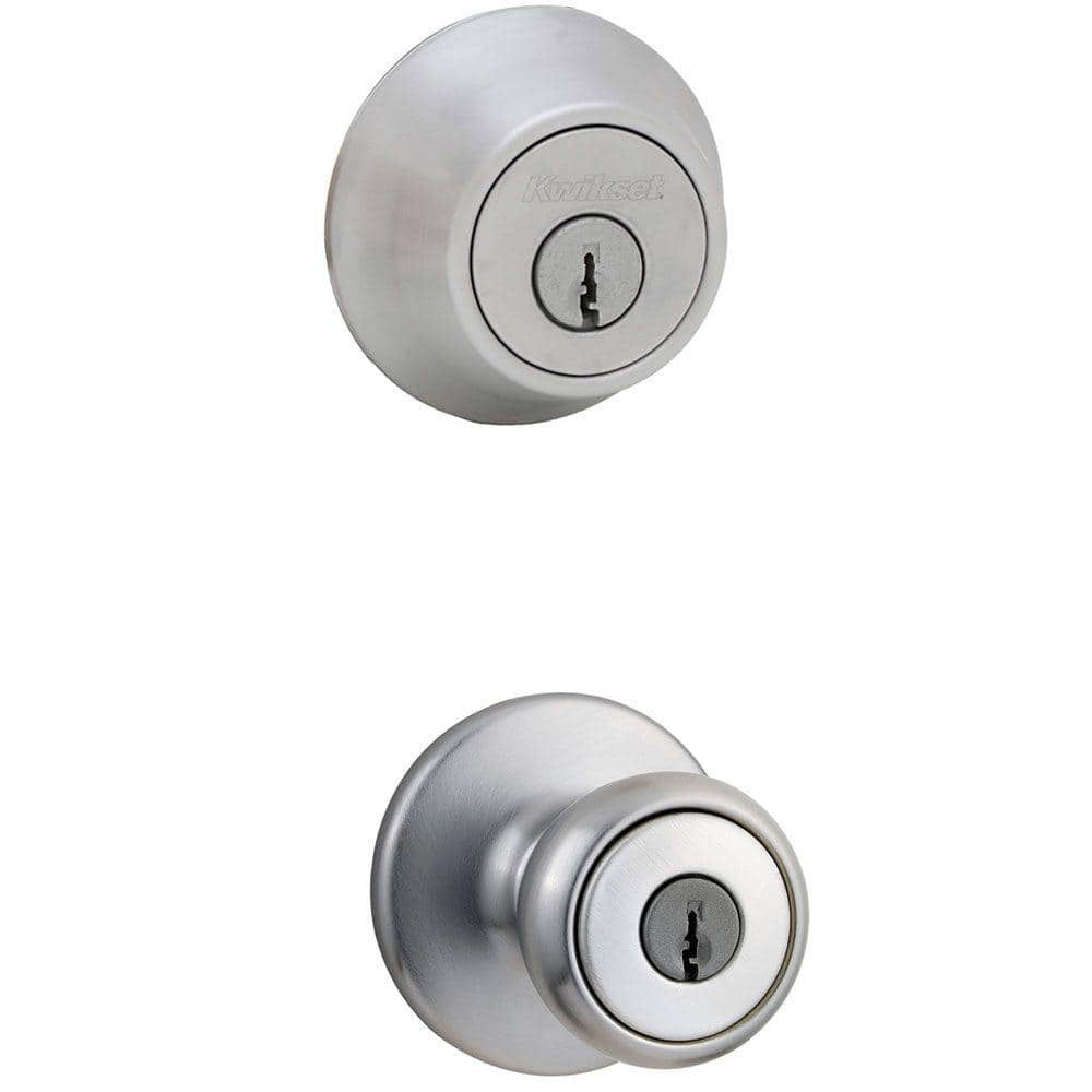 Kwikset Tylo Satin Chrome Entry Door Knob and Single Cylinder Deadbolt Knob Com