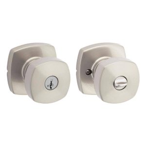 Kwikset Arroyo Satin Nickel Keyed Entry Door Knob with Soft Modern Rose featuri